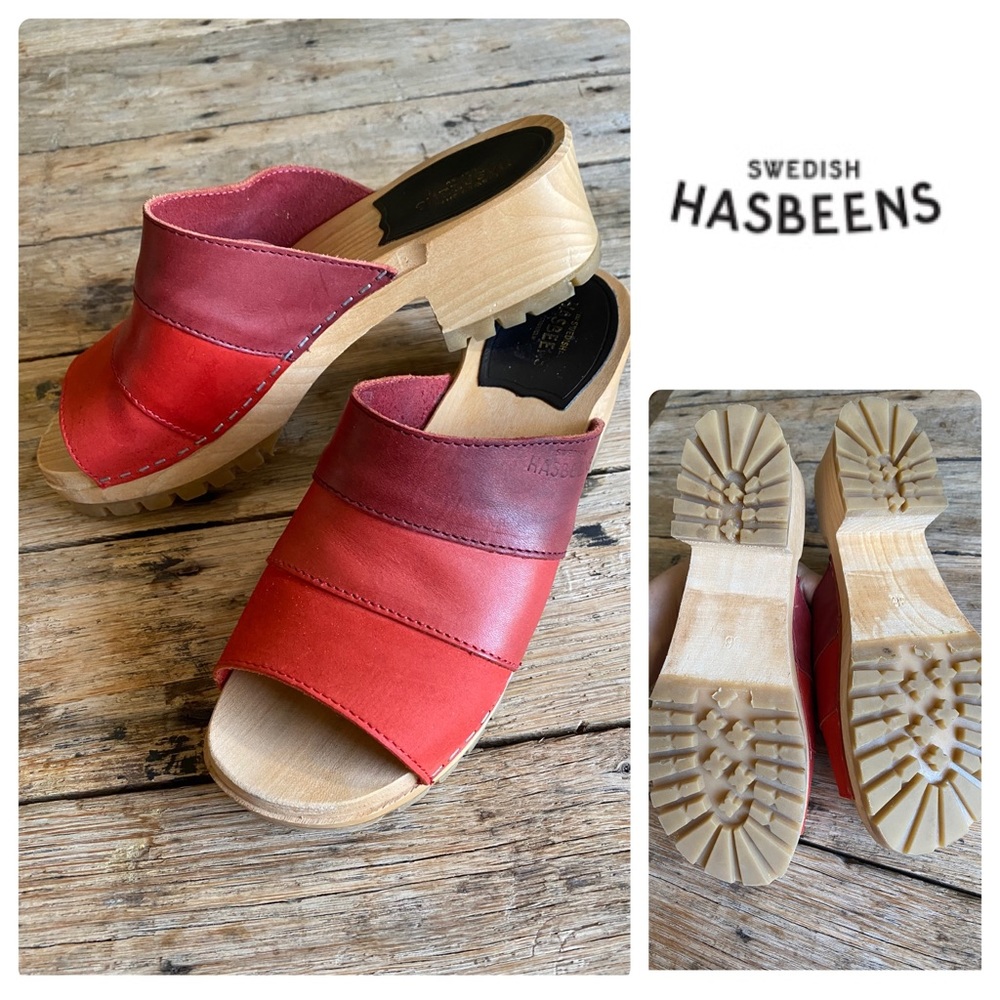 Swedish Hasbeens Mona Clogs Leather Heel Sandals